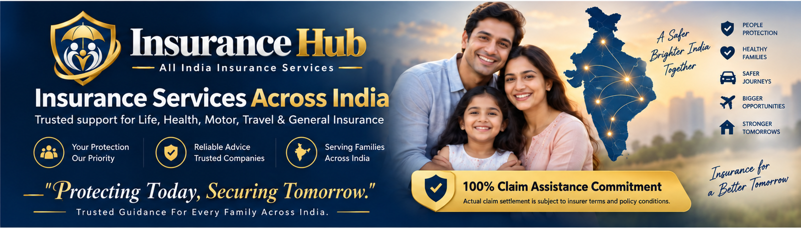 Insurance Hub — All India Insurance Services homepage design showing Life, Health, Motor, Travel and General Insurance, claim assistance, priority insurers and social channels